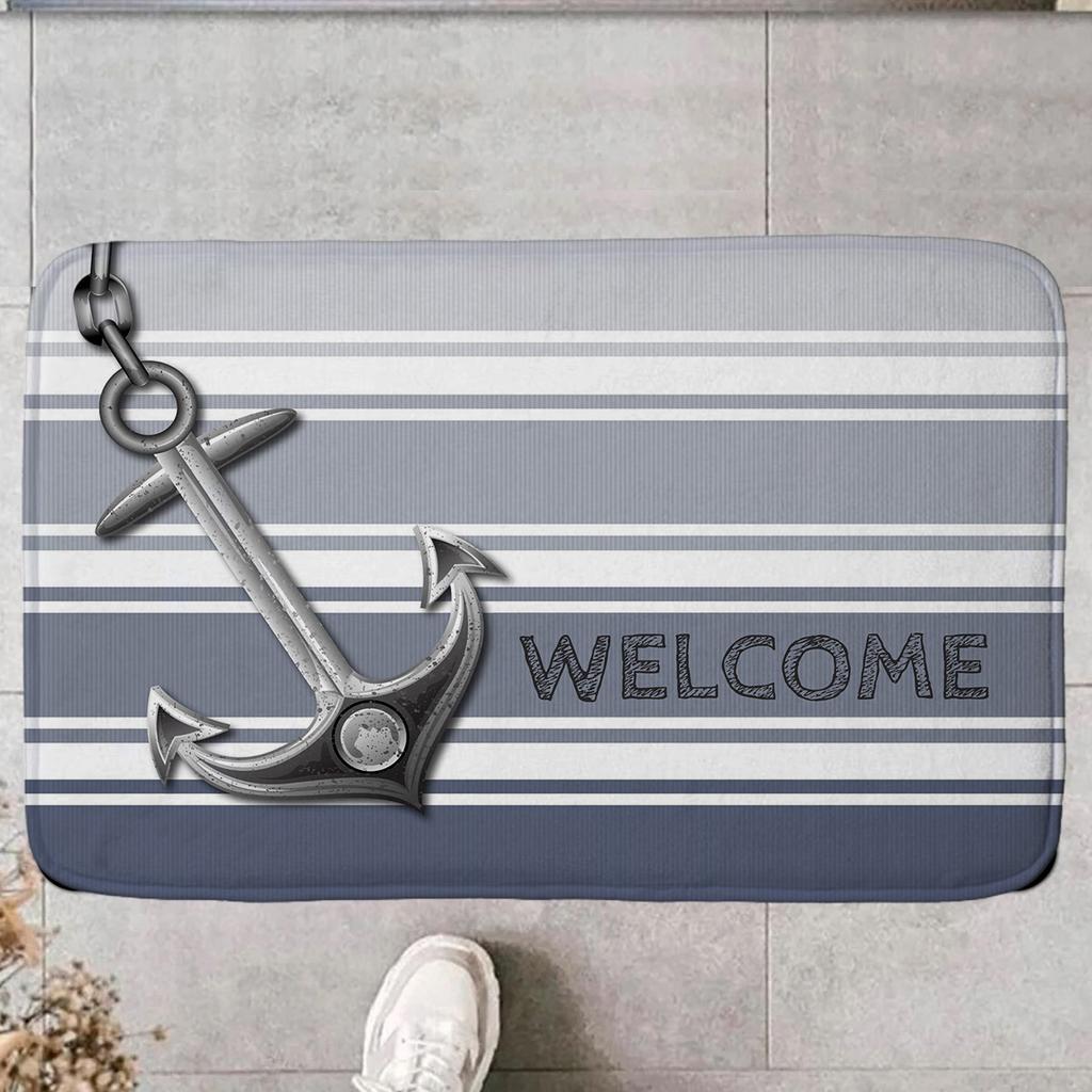 Nautical Anchor Welcome Doormat Grey Blue Stripe Entrance Rug Sailing Theme Non-Slip Floor Mat Coastal Home Room Decoration
