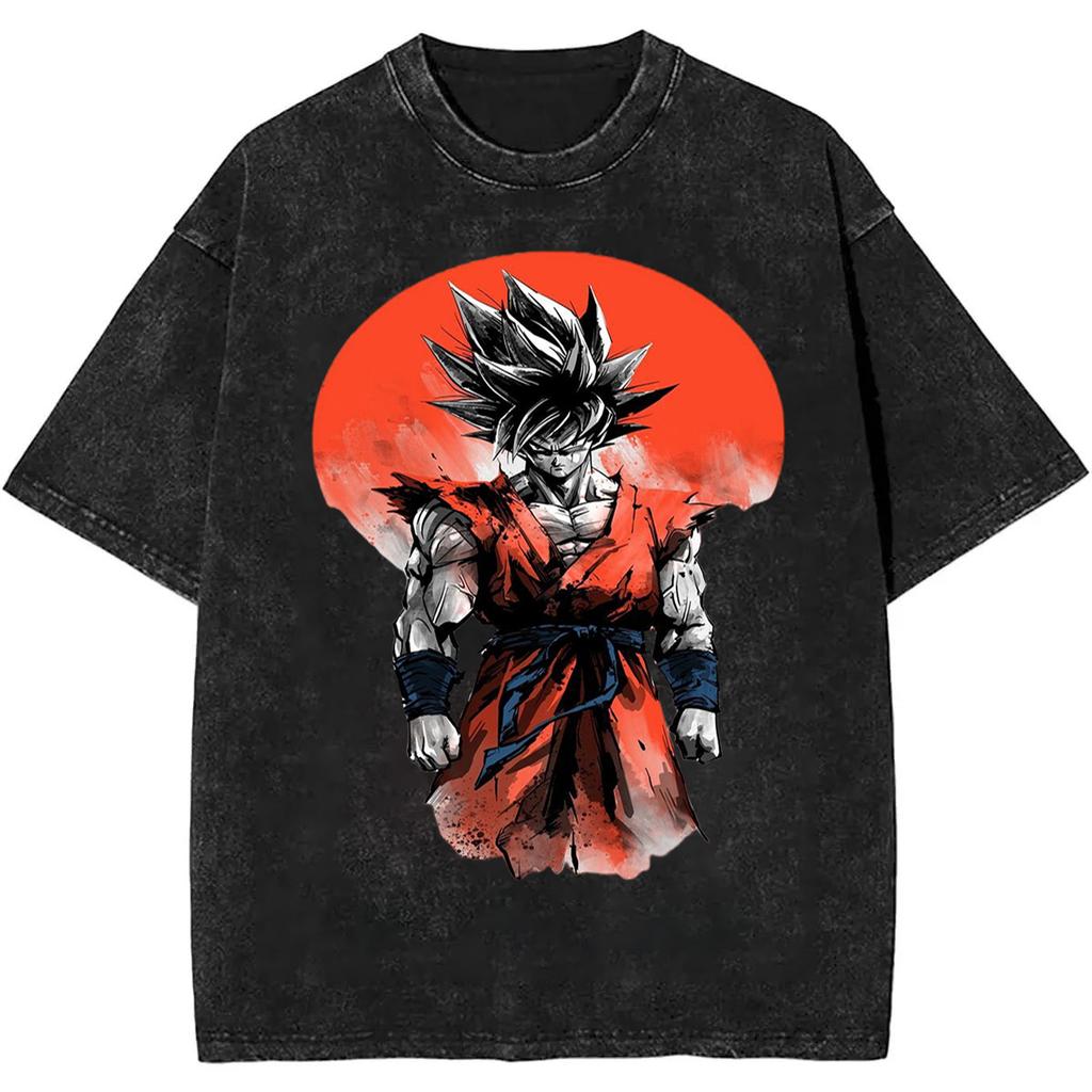 2026 Summer Dragon Ball Ink Art Goku Nostalgic Washed Men T-Shirt 100%Cotton Heavyweight Retro Street Style Oversized Unisex Top