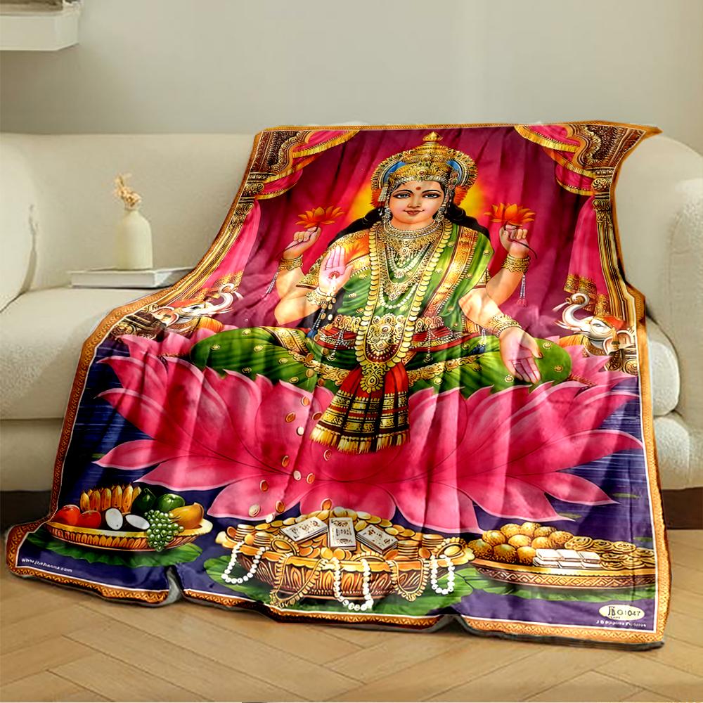 Hindu Goddess Lakshmi on Lotus Blanket PrintFlannel blanket for bedroom, living room, sofa, and nap