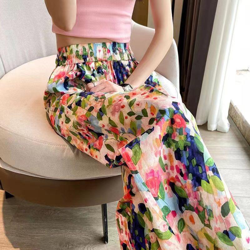 Summer Flower Trousers High-waisted Wide-legged Trousers Loose Straight Nine-minute Tide Seashore Mosquito-proof Leisure Beach Pants
