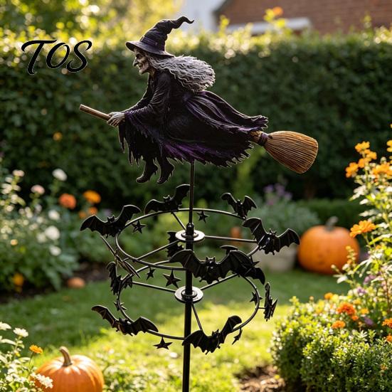 Spooky Patio Ornament Garden Witch Wind Spinner, Halloween Yard Art Metal Outdoor Fall Decorations Stake, Flying Spinner for Lawn Pathway Decoration
