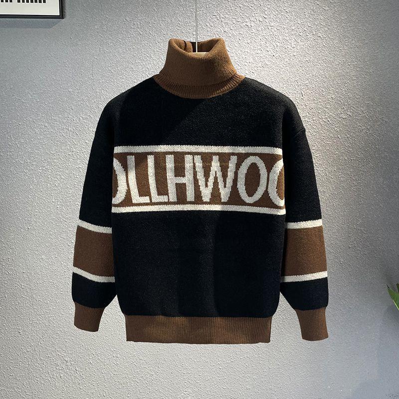 Turnable High Neck Letter Jacquard Striped Sweater Women Casual Knitwear Winter