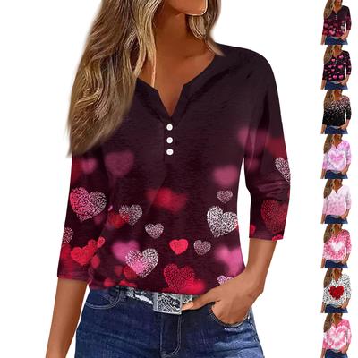 Жен. Футболка Футболка С принтом Пуговицы Рукав 3/4Ежедневно Выходные Мода Классический Топ с v-образным вырезом Обычный