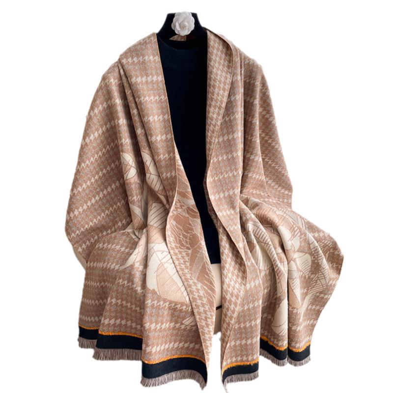 Imitation Cashmere Camellia Thousand Bird Grid Double-Sided Thermal Air Conditioner Shawl Winter Versatile Decorative Scarf