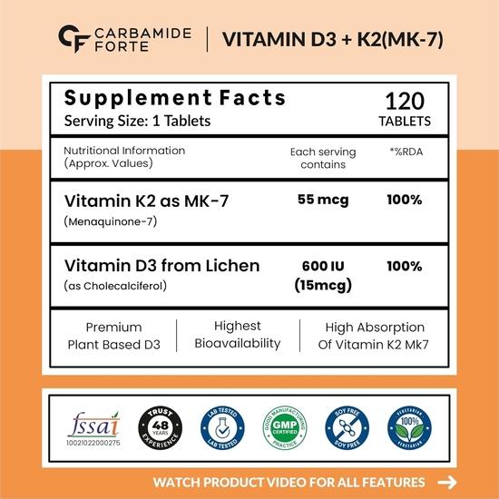 Carbamide Forte Витамин D3 K2 | Добавка витамина D3 K2 для здоровья костей и сердца | Таблетки витамина D с витамином K2 MK7-120 Вегетарианские таблетки