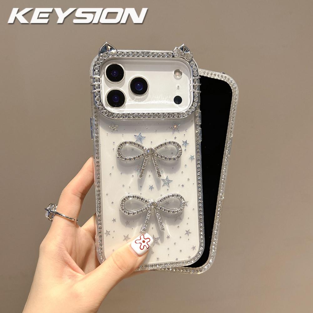 KEYSION Милый 3D Чехол для телефона с кошачьими ушками, прозрачный, для iPhone 12 13 Pro Max 11, с блестками, украшенный драгоценными камнями, с бантиком, противоударная задняя крышка