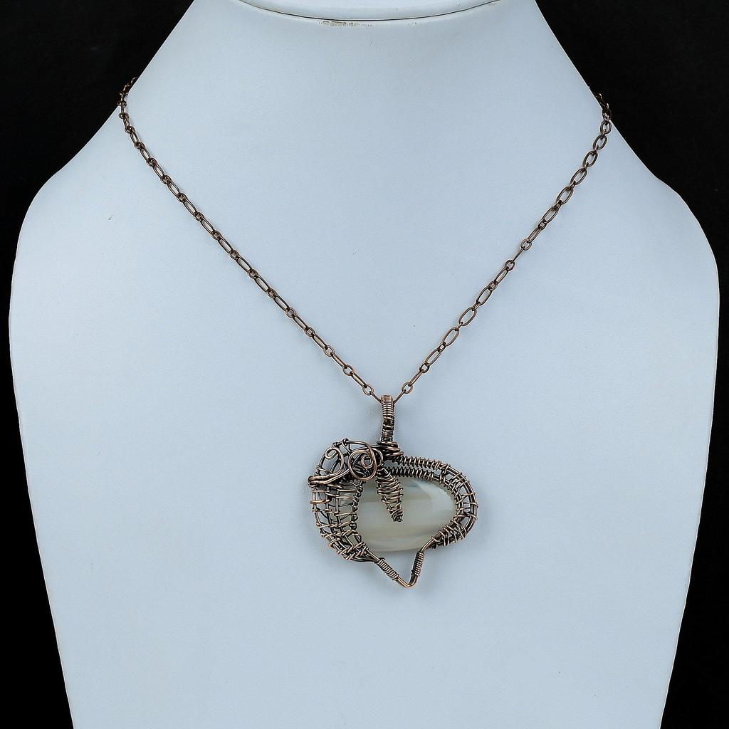 Mexican Laguna Lace Agate Pendant Copper Wire Wrapped Pendant Handmade Decent Jewelry Gemstone Pendant Copper Wire Wrap Jewelry Gift For Mom