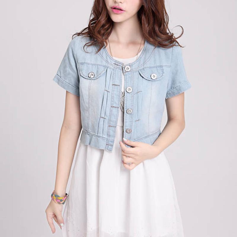 Summer Women's Denim Shorts Blue Jacket Ladies Korean Short-sleeve Loose Fit Slim O-Neck Thin Shawl Denim Caot Thin Tops