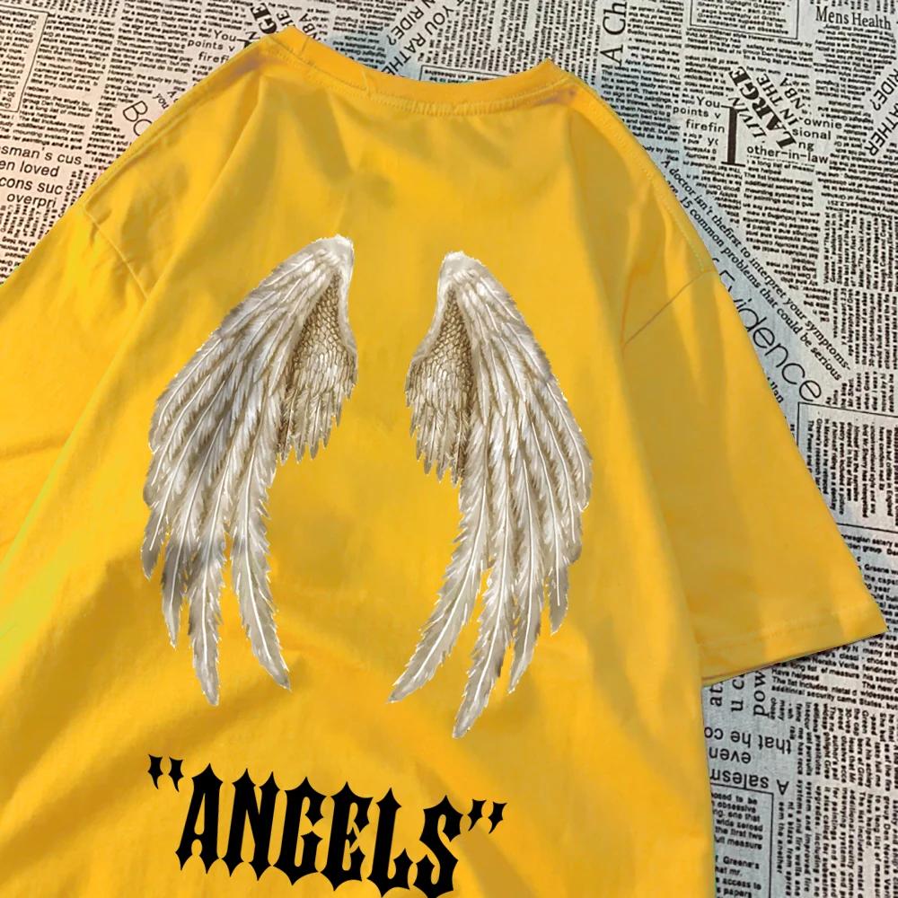 Мужская футболка свободного кроя в стиле хип-хоп с изображением крыльев ангела - летняя повседневная одежда из хлопка для пар