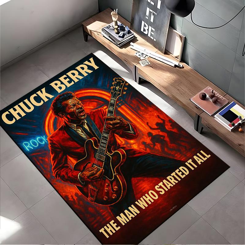 Music Legend Area Rug, Chuck Berry The Man Who Started It All Guitar Red Suit Print, Rock and Roll Decor, Non-Slip Mat
