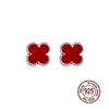 Four Leaf Clover Red Turquoise Stud Earring 925 Sterling Silver Platinum Plated Earrings