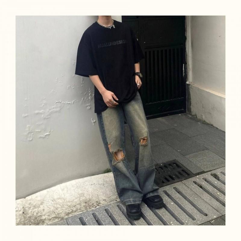 Mens Loose Straight Leg Ripped Jeans Vintage Wash Casual Streetwear