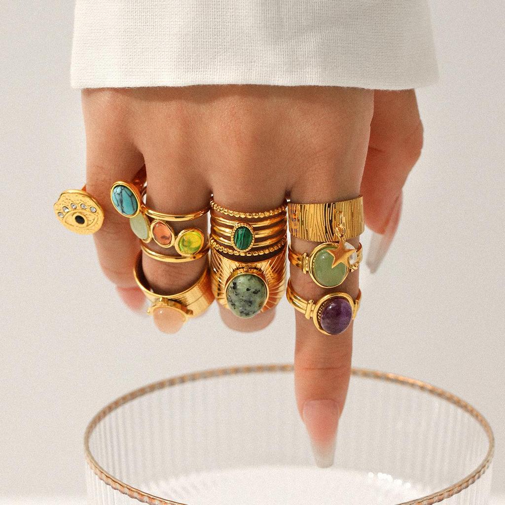 Women's Colorfast Retro Stainless Steel Ring with Natural Stone, Open & Versatile Titanium Steel Design