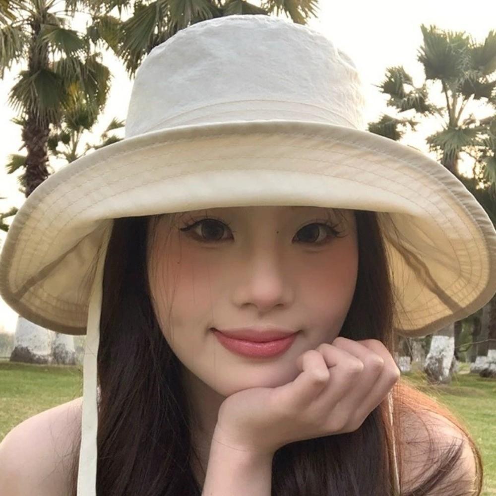 Simple Solid Color Sunscreen Bucket Hat Breathable Thin Fisherman Hat Korean Style with Strap Wide Brim Sun Hat Unisex