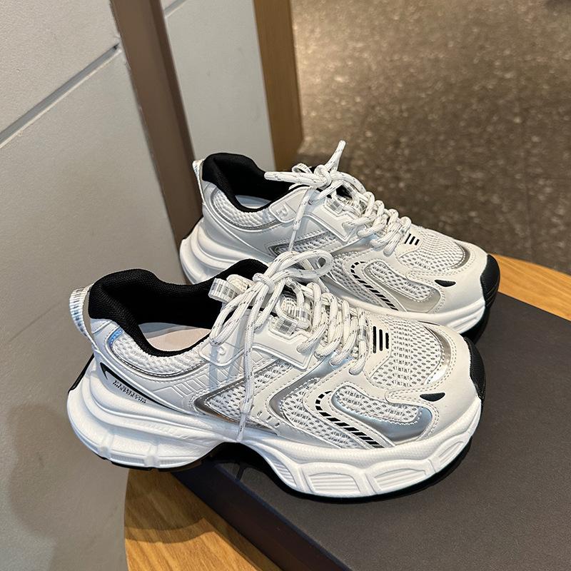 Fried Street Platform Daddy Shoes Women's 2025 New Summer Mesh Breathable Lightweight Height Increasing Silver Casual Sneakers