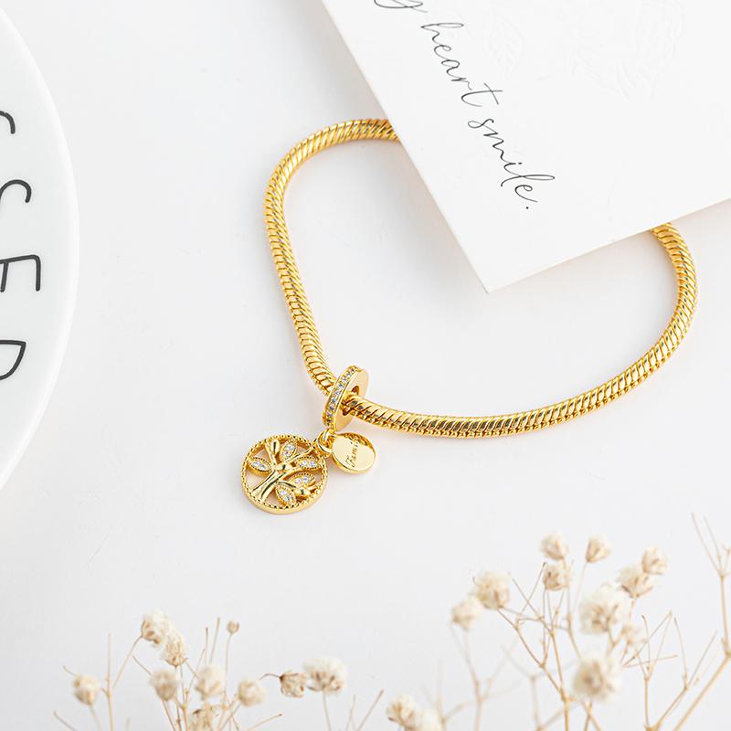 NEW DIY Gold Plated Pearl Eternity Circle Cupid Heart Family Tree Dangle Charm Beads for Original Silver Bracelet Jewelry