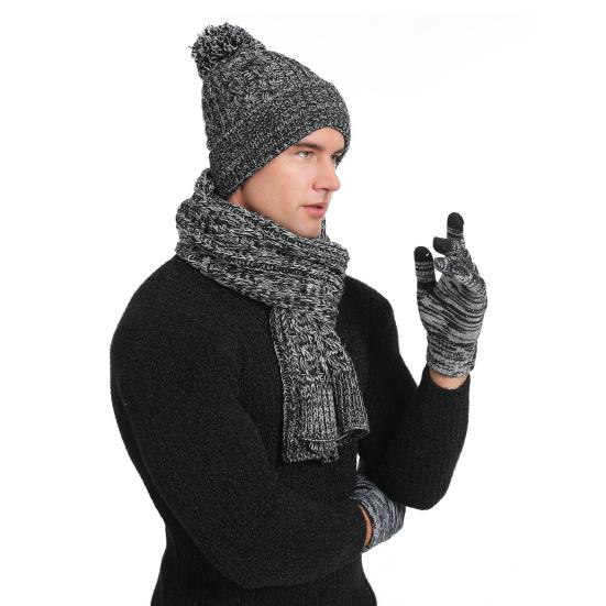 3Pcs Winter Warm Knit Beanie Hat Touchscreen Gloves Scarf Set for Women Men Skiing Skating Camping Driving Outdoor Sports Gifts