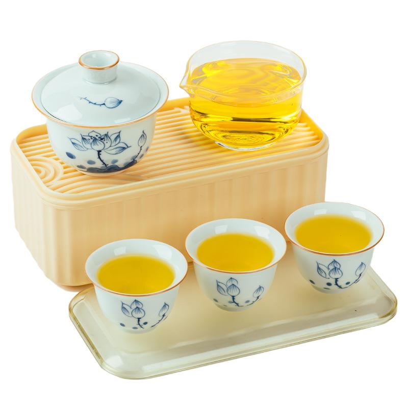 Hand-painted portable Kung Fu tea set, travel cover bowl, three cups of tea drinking set, fixed express gift New Year's Day event