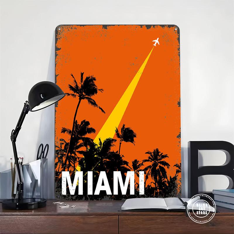 Miami Travel With Airplane Tinplate Poster Customized Wall Art Vintage Retro Metal Signs for Decoration At Home Decor Items Room