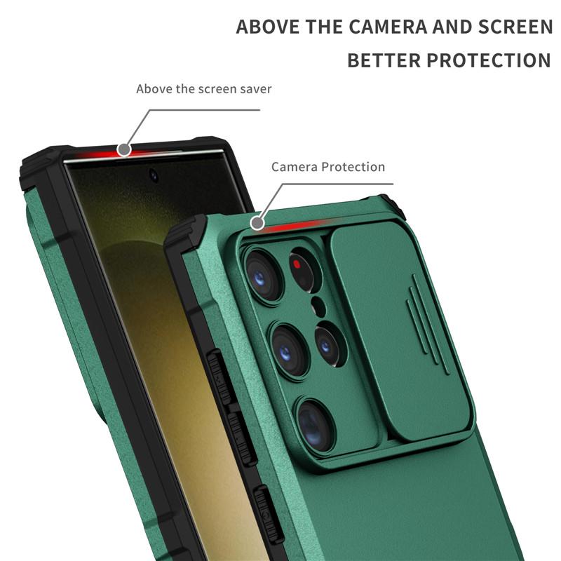 Slide Lens Camera Case For Samsung Galaxy S24 Ultra S23 Plus S22 S21 S20 FE Shockproof Armor Stand Holder Back Cover