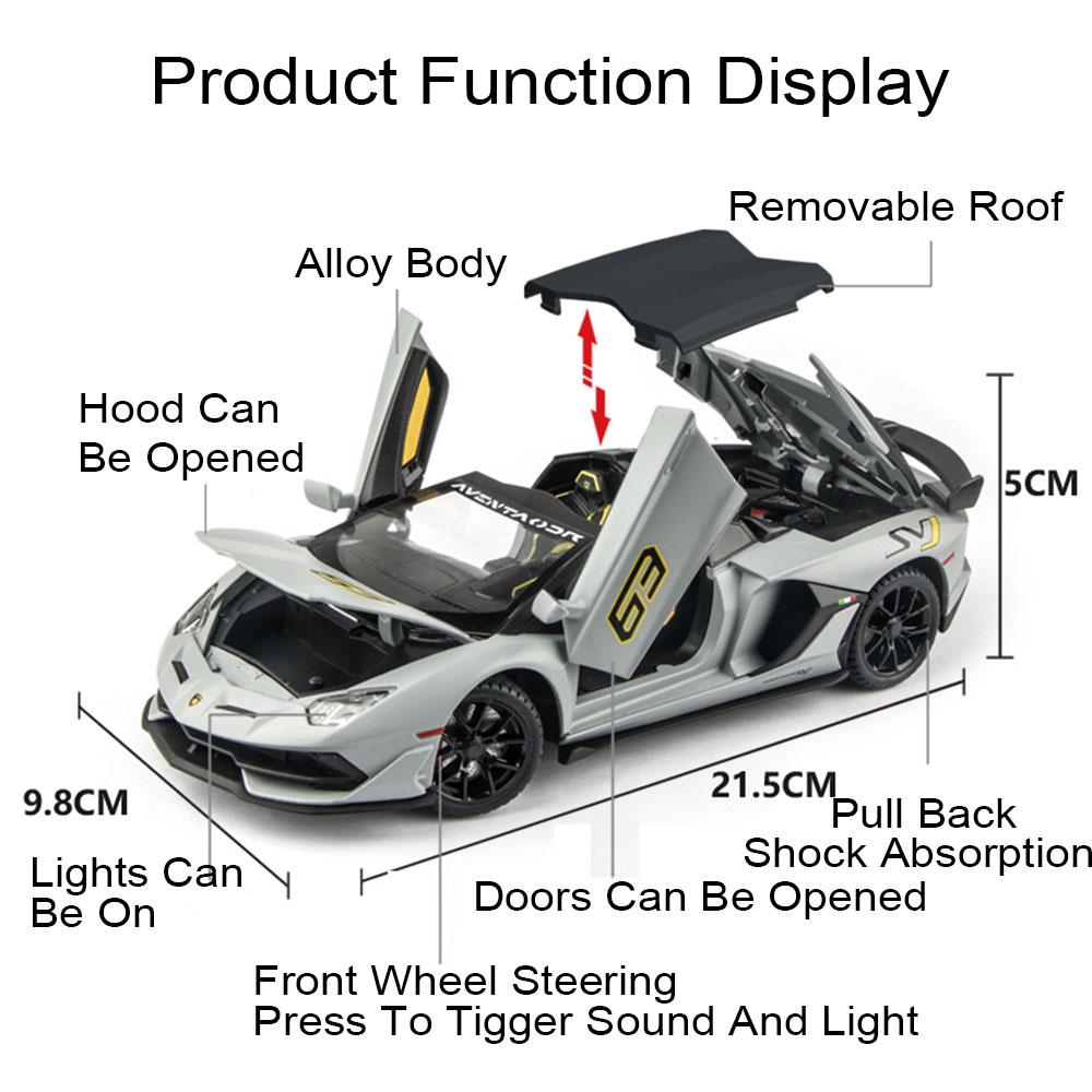 1:24 Scale Revuelto SVJ63 Sports Car Model Toy Shock Absorption Sound Light Miniature Sports Cars Models for Kids' Edutainment