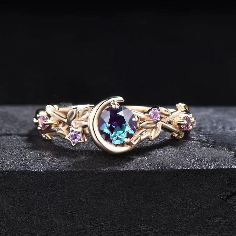 Cold Wind Moon Star Flower Colorful Zircon Crystal Women's Fashion Jewelry Ring