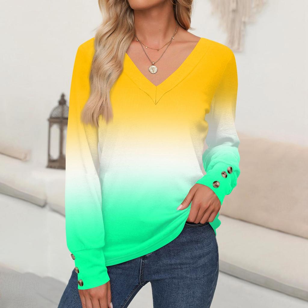 Women's Tops Gradient Printed Long Sleeve Shirt V Neck Casual Loose T-Shirt Autumn Clothing