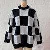 Street style loose checkerboard pattern thick round neck long sleeved knitted pullover sweater for women 3499 KTB