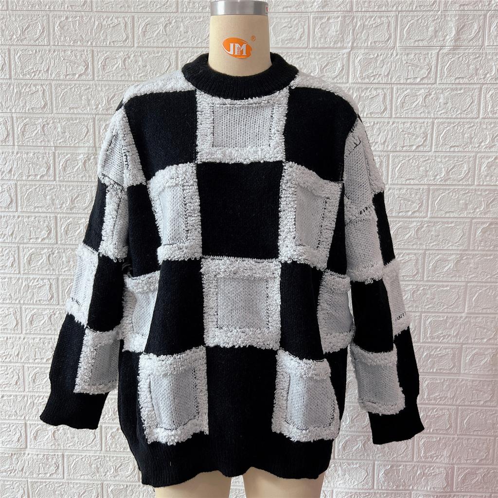 Street style loose checkerboard pattern thick round neck long sleeved knitted pullover sweater for women 3499 KTB