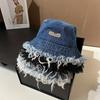 Stylish Ripped Washed Bucket Hat Unisex Tassel Denim Basin Hat Iron Label Decor Foldable Fisherman Cap for Women Men