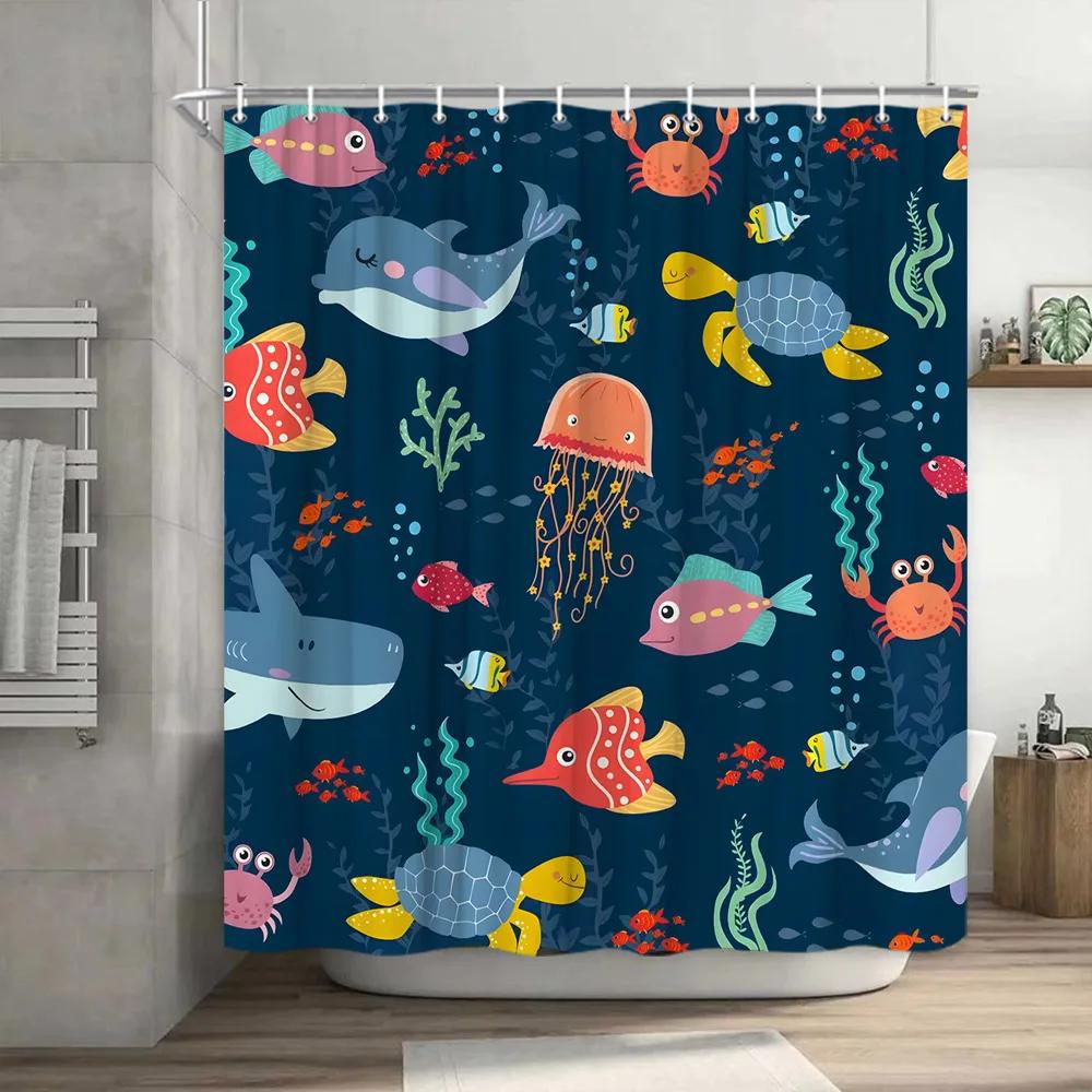 Смешная занавеска для душа Brave Cat Cartoon Душевая занавеска Waves Ocean Decor Ткань Душевая занавеска Set with Hooks Bathroom Decoration