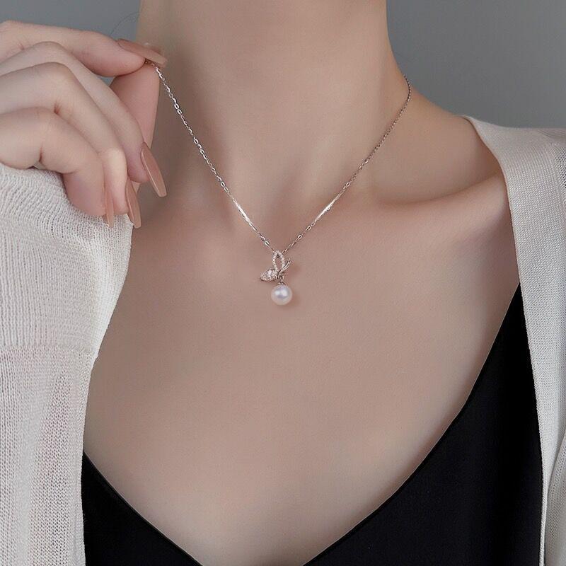 Butterfly Fairy Pearl Necklace Female Light Luxury Cold Wind Diamond Collarbone Chain Birthday Gift for Girlfriend