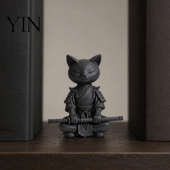 Small Stable Cat Model 3D Printed Knight Figurine, Meditating Desk Decor with Zen Warrior Pose, Desktop Minimalist Frosted Animal Sculpture for Office