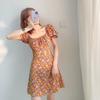 Floral dress women's summer dress new waist thin square neck bubble sleeve Platycodon French small short skirt