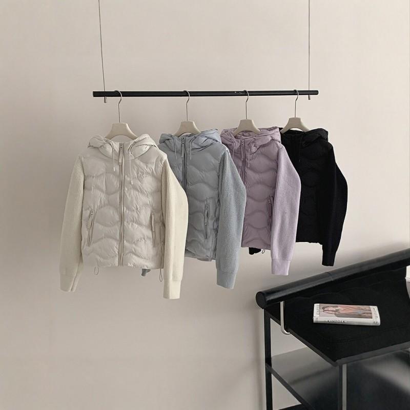 Womens Short Hooded Cotton Puffer Jacket Knit Splice Loose Winter Warm Coat Trendy
