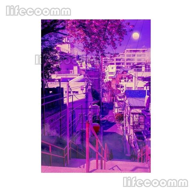 Аниме Город Неоновая Ночь 80-х годов Vaporwave Япония Город Уличный Плакат Настенное Искусство Холст Картины Настенные Панно Для Гостиной Домашний Декор Без Рамки