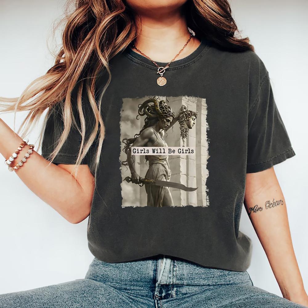 Girls Will Be Girls T-Shirt Feminist Shirt Women's Empowerment Tee Vintage Short Sleeve Halloween T-shirt Casual Graphic Tees