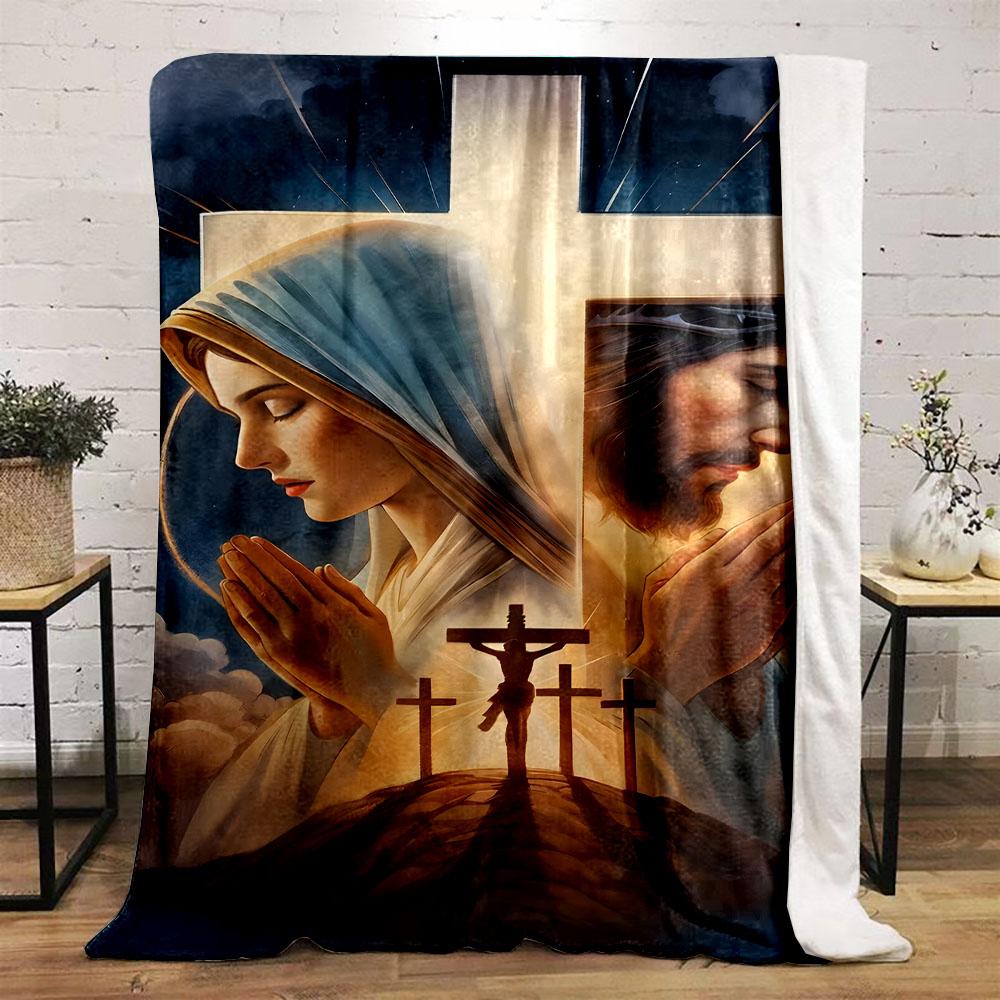 "Praying Figures with Cross Symbol" Patterned flannel blanket perfect for the bedroom living room, sofa, or a little nap
