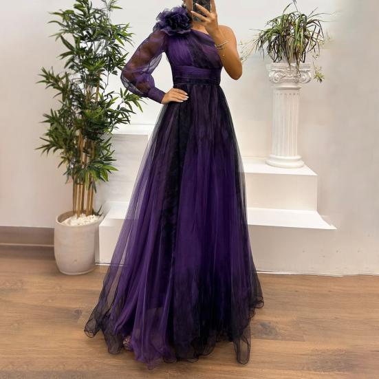 Женское вечернее платье с 3D-цветочным декором на одно плечо, плиссированное, сетчатое, банкетное платье, одно длинное