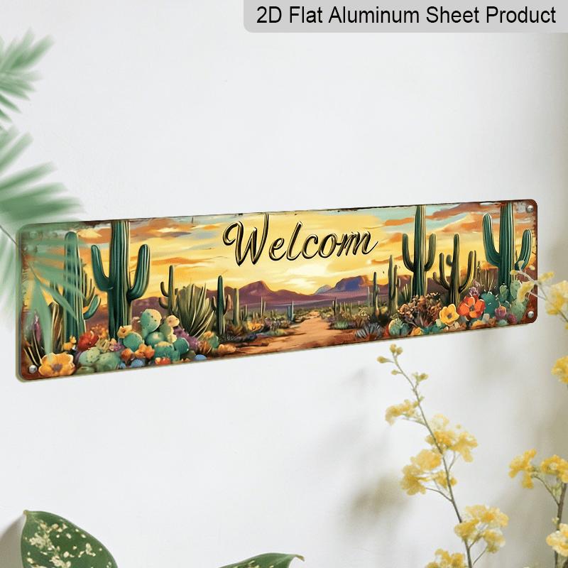 2D Flat 1pc Country Style Welcome Desert Cactus Metal Sign- Aluminum Decorative Sign, 3.93X15.74Inches, Farmhouse and Office Decor, No Electricity