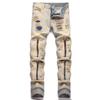 Tongpai Slim Fit Punk Elastic Мужская одежда Ретро Желтая кожаная этикетка с рваной дыркой на молнии Модные джинсы с несколькими карманами