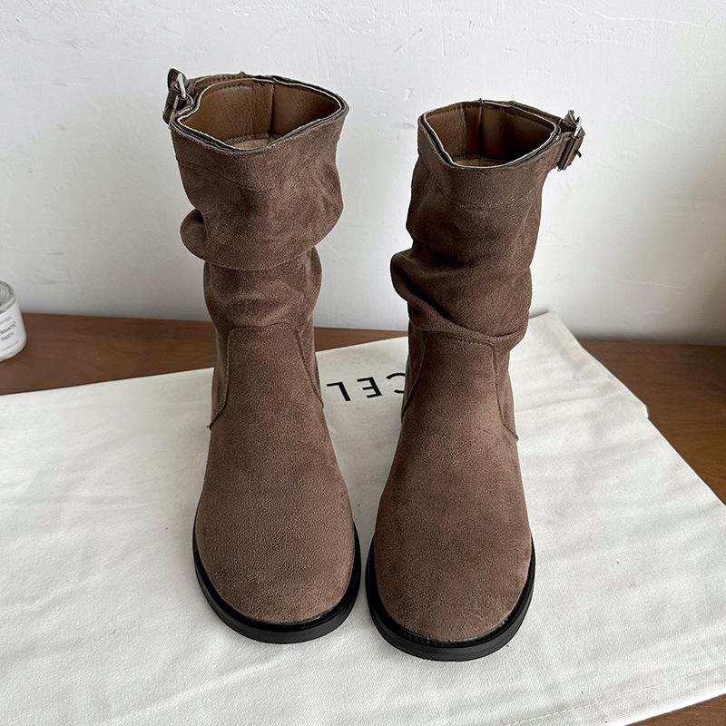 Ретро замшевые плиссированные ботинки с напуском женские 2025 осень новые на толстой подошве толстом каблуке тонкие ковбойские средней высоты