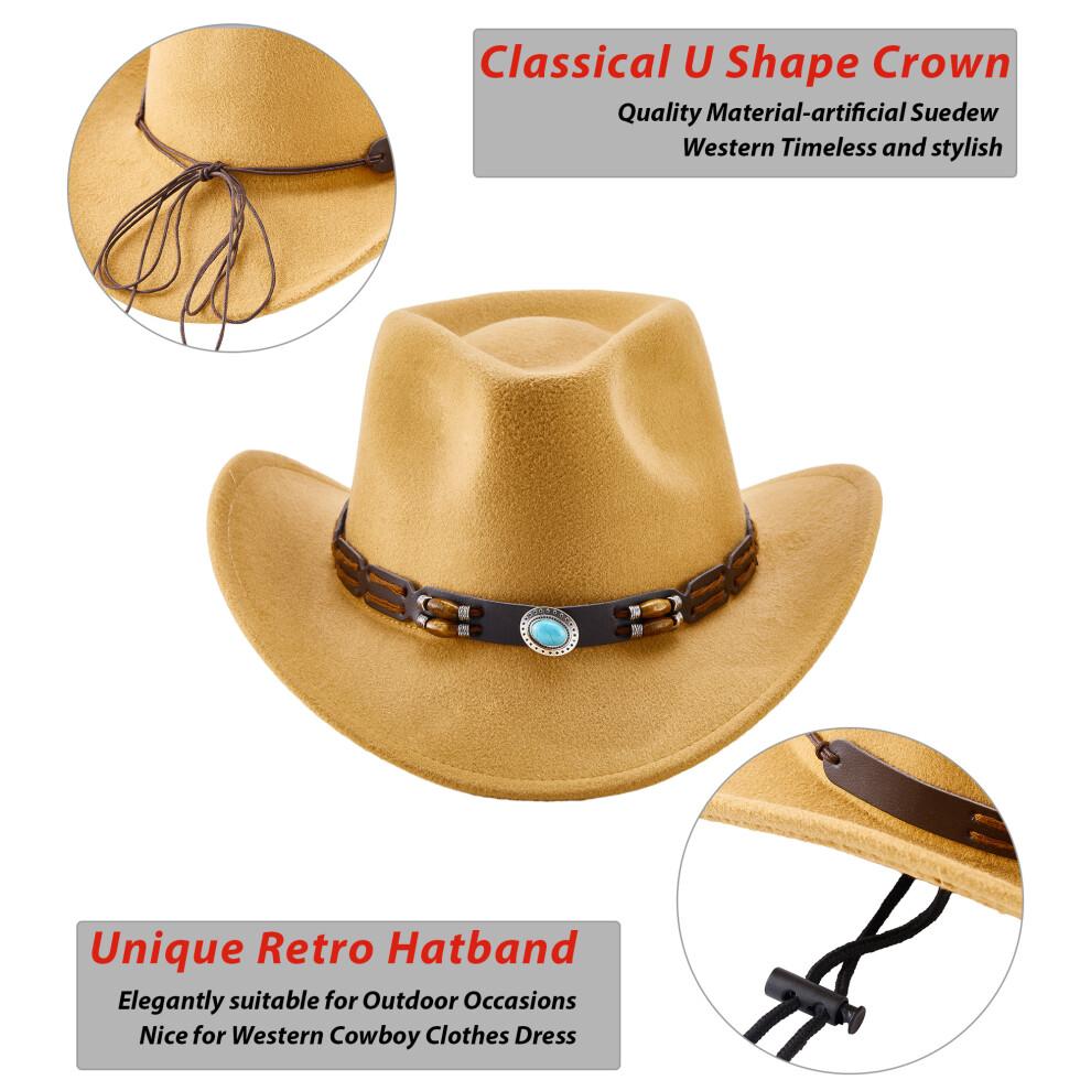 (One Size, Camel) Western Cowboy Hat for Women Men Bohemian Cowgirl Hat with Beads Trim Outdoor Sun Hat