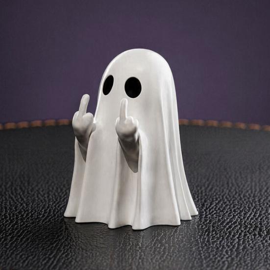 Halloween Office Stationery Organizer Middle Finger Ghost Figurine Pen Holder, Spooky Gesture Resin Desk Decor for Coworkers Stand, Cute Ornaments,