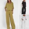 2 Pcs/Set Women Top Pants Set V Neck Three Quarter Sleeve Loose T-shirt Solid Color Wide Leg Trousers Casual Commute Outfit Blouse Pants Set
