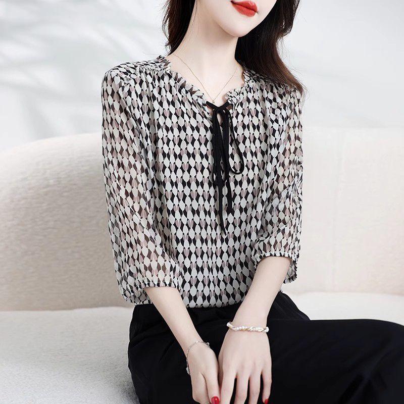Stylish New Fashionable Blouse Chiffon Shirt Round Neck Sweet and Chic Casual Summer