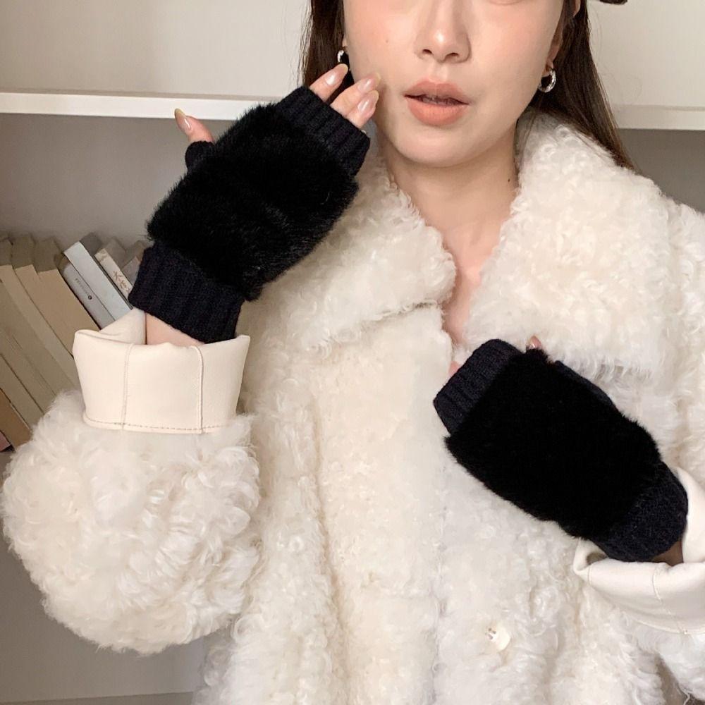 Windproof Knitted Gloves Soft Plush Gloves Vintage Half-Finger Gloves Driving