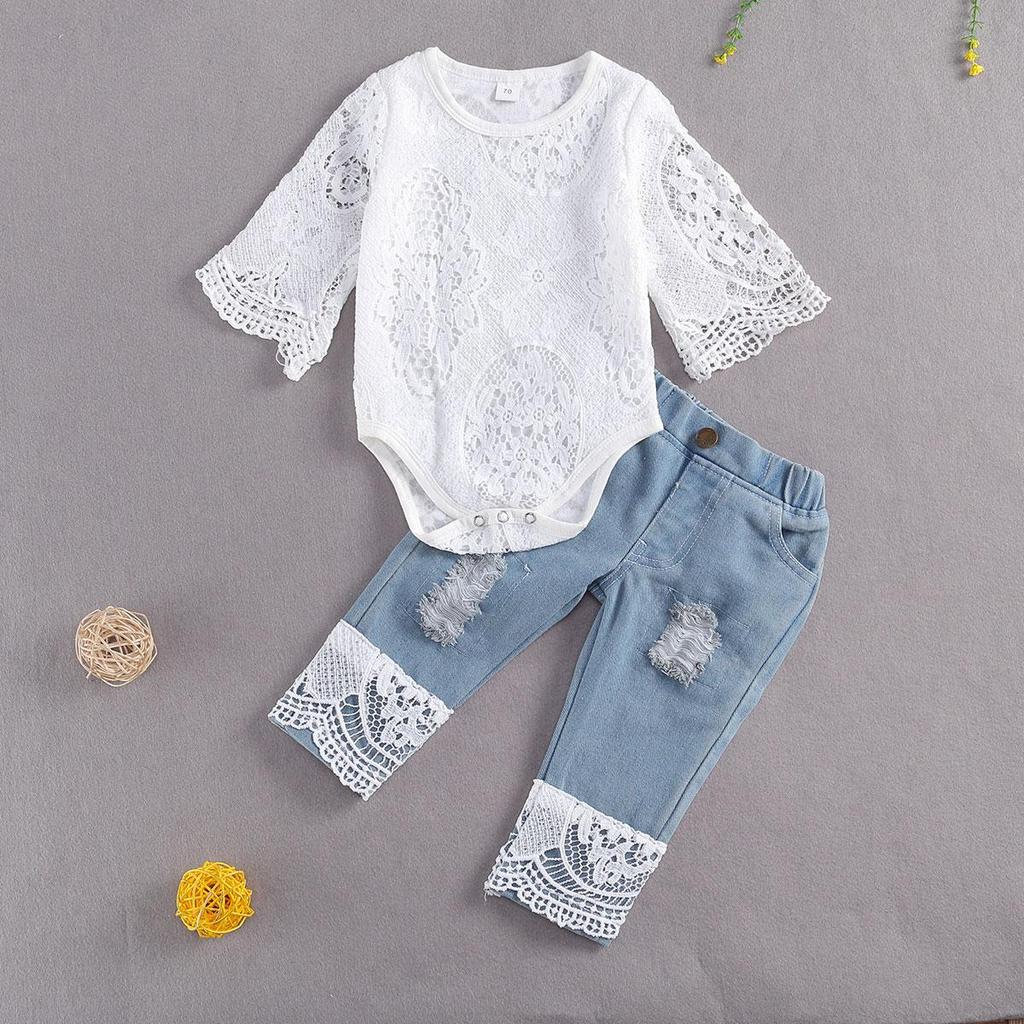 Baby Girls Summer Clothes Set Lace Hollow Out Long Sleeve Romper + Ripped Patchwork Jeans Infant Cute 2Pcs Outfits