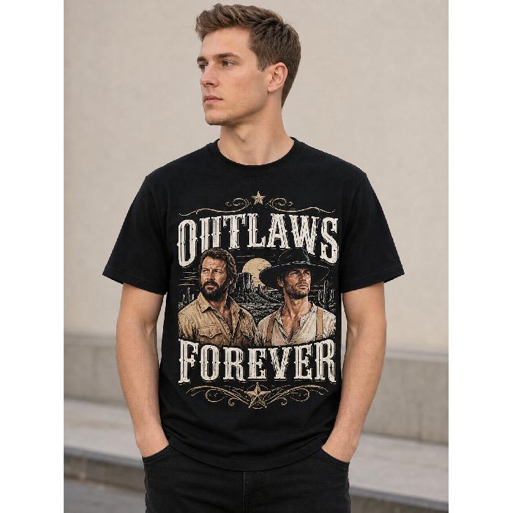 Men's Western Outlaws Forever Graphic Tee, Short Sleeve Crew Neck Cotton Blend Shirt with Vintage Cowboy Print for Casual Daily Wear