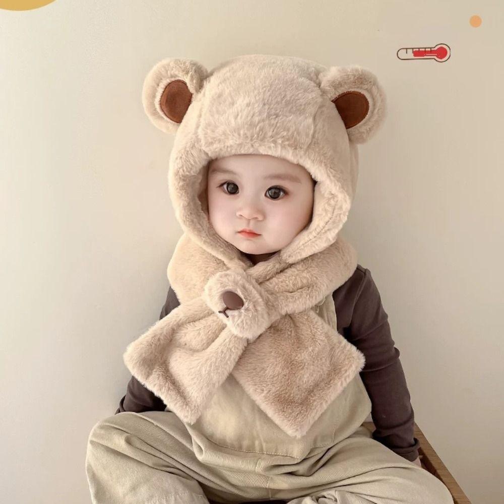Solid Color Children Fleece Hat Fashion Design Plush Hat with Scarf Outdoor Bear Plush Hat Kid